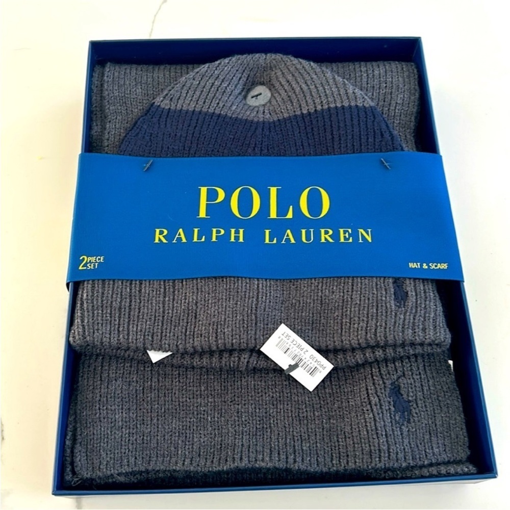 Polo by Ralph Lauren Gray/Navy Beanie Hat/Scarf Box Set NWT